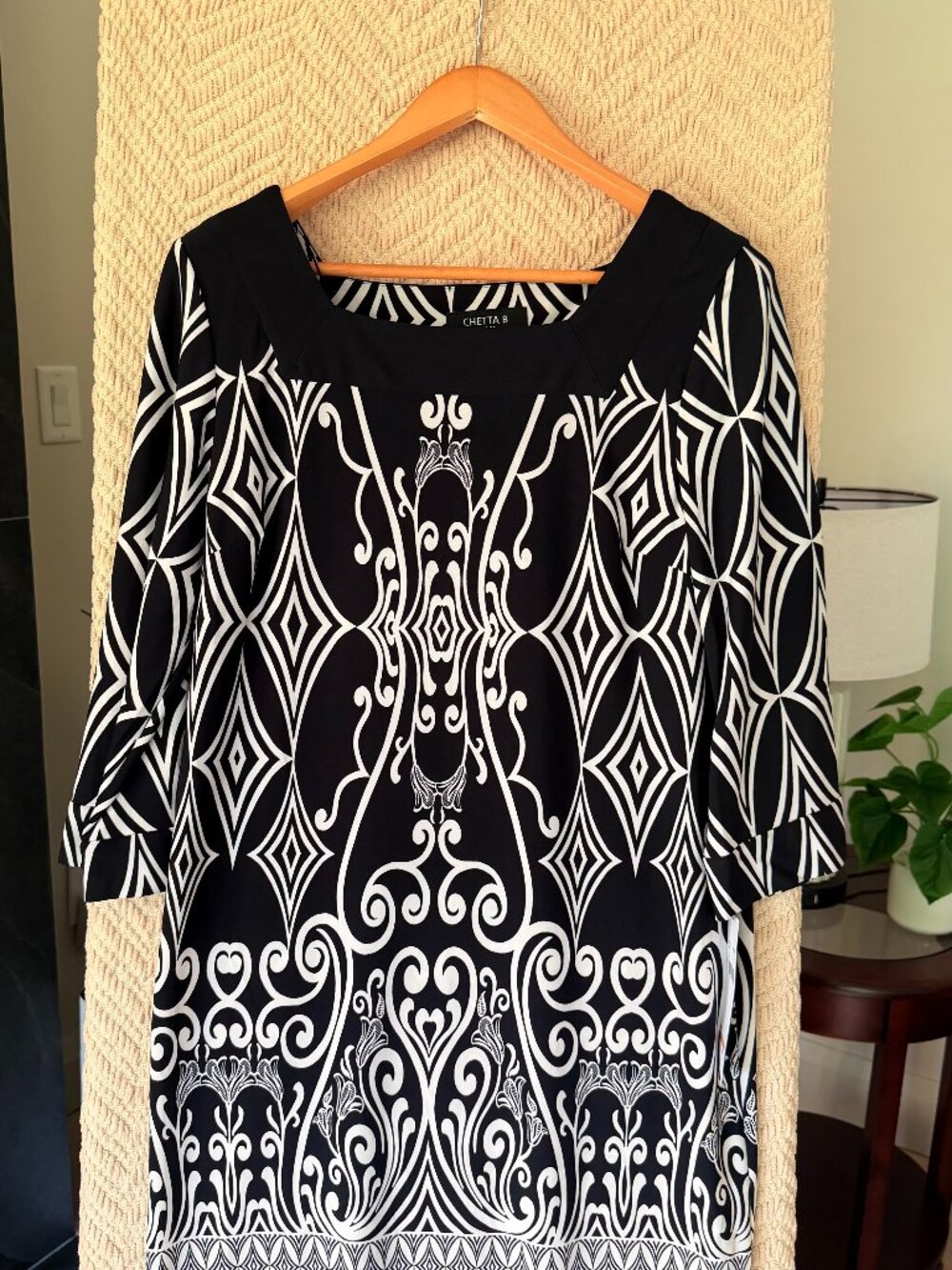 NWT Chetta B Sunhee Black Ivory Geometric Print Dress Size 12